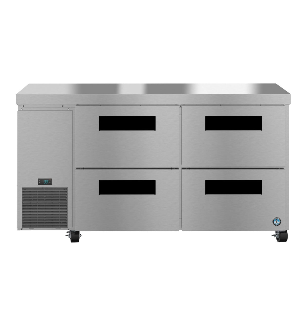 The Hoshizaki stainless steel undercounter refrigerator features four pull-out drawers, a digital control panel on the left, ventilation grates below, a smooth countertop surface, and wheels for easy mobility.