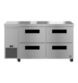 The Hoshizaki stainless steel undercounter refrigerator features four pull-out drawers, a digital control panel on the left, ventilation grates below, a smooth countertop surface, and wheels for easy mobility.