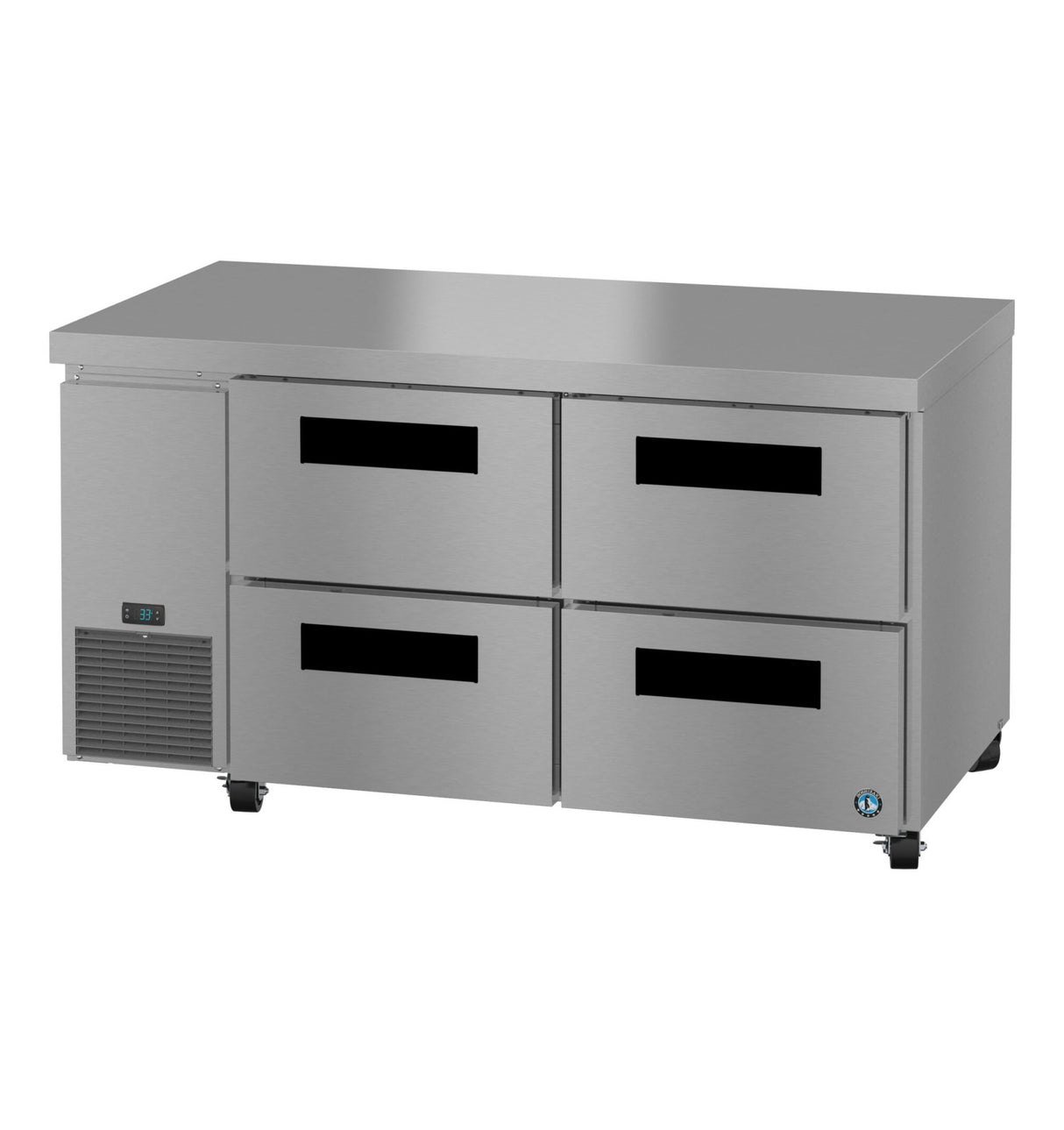The Hoshizaki undercounter refrigerator features four large stainless steel drawers, a solid flat top, and a digital temperature display on the left above the vented cooling unit. It stands on small black wheels for easy mobility.