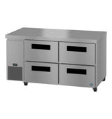 The Hoshizaki undercounter refrigerator features four large stainless steel drawers, a solid flat top, and a digital temperature display on the left above the vented cooling unit. It stands on small black wheels for easy mobility.