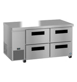 A modern, industrial Hoshizaki undercounter refrigerator with four stainless steel pull-out drawers, a flat countertop, ventilation grilles on the bottom left, digital temperature display, and caster wheels for easy mobility.
