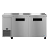 A commercial stainless steel undercounter refrigerator with two doors, black handles, ENERGY STAR certification, vented cooling unit on the lower left, digital temperature display, and four small caster wheels, pictured on a white background.
