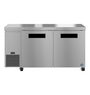 A commercial stainless steel undercounter refrigerator with two doors, black handles, ENERGY STAR certification, vented cooling unit on the lower left, digital temperature display, and four small caster wheels, pictured on a white background.
