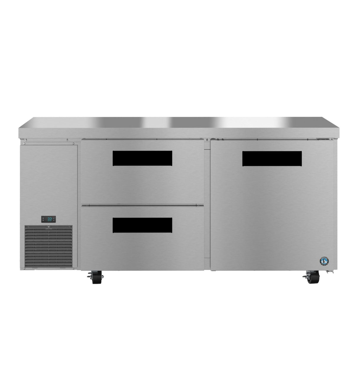 A commercial Hoshizaki Steelheart undercounter refrigerator featuring two horizontal drawers on the left, a solid door on the right, ventilation grilles, black handles, a smooth countertop surface, and wheels for easy mobility.
