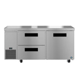 A commercial Hoshizaki Steelheart undercounter refrigerator featuring two horizontal drawers on the left, a solid door on the right, ventilation grilles, black handles, a smooth countertop surface, and wheels for easy mobility.
