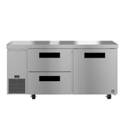 A commercial Hoshizaki Steelheart undercounter refrigerator featuring two horizontal drawers on the left, a solid door on the right, ventilation grilles, black handles, a smooth countertop surface, and wheels for easy mobility.