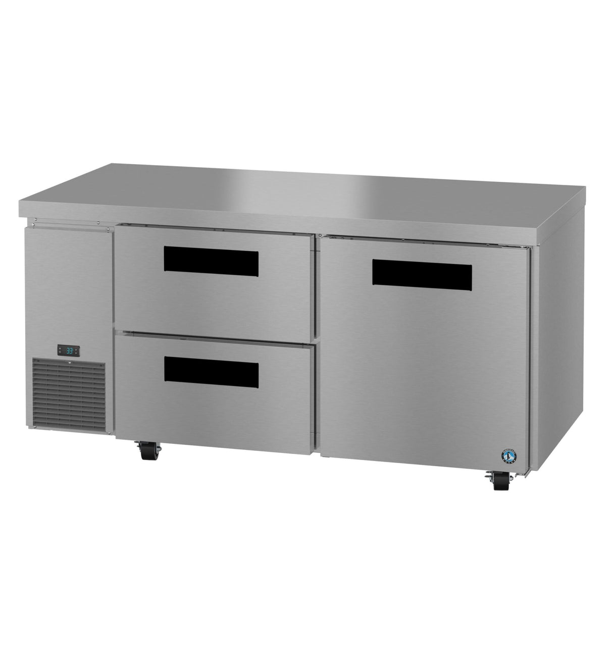 A sleek Hoshizaki Steelheart undercounter refrigerator featuring two right-side doors, two left pull-out drawers, a digital temperature display, and ventilation grilles—all on caster wheels with a flat stainless steel surface.