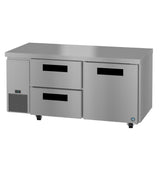 A sleek Hoshizaki Steelheart undercounter refrigerator featuring two right-side doors, two left pull-out drawers, a digital temperature display, and ventilation grilles—all on caster wheels with a flat stainless steel surface.