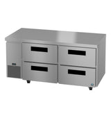 The Hoshizaki stainless steel undercounter refrigerator features four pull-out drawers, a flat countertop, lower left vent, digital temperature display, and small caster wheels for easy mobility.