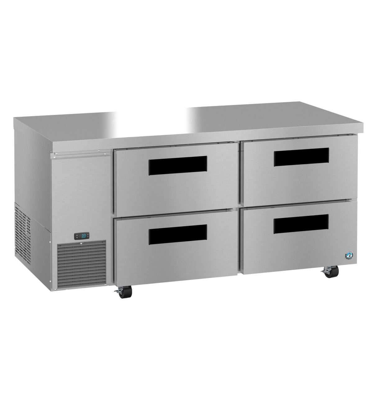 This Hoshizaki undercounter refrigerator features four horizontal pull-out drawers, a vent and digital display panel on the lower left, small wheels for mobility, and a flat stainless steel top ideal for food prep.