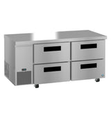 This Hoshizaki undercounter refrigerator features four horizontal pull-out drawers, a vent and digital display panel on the lower left, small wheels for mobility, and a flat stainless steel top ideal for food prep.