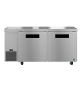 The Hoshizaki Steelheart undercounter refrigerator features two large doors with black handles, a digital temperature display, and smooth stainless steel surfaces. This ENERGY STAR unit is on casters and has convenient refrigeration vents below the display.
