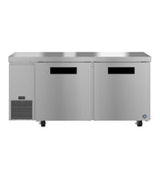 The Hoshizaki Steelheart undercounter refrigerator features two large doors with black handles, a digital temperature display, and smooth stainless steel surfaces. This ENERGY STAR unit is on casters and has convenient refrigeration vents below the display.