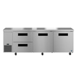 A commercial undercounter refrigerator featuring two pull-out drawers on the left, two large reach-in swing doors on the right, a ventilation grate below, and four caster wheels for mobility. Its sleek, stainless steel design is both practical and industrial.