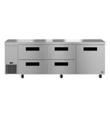 A large Hoshizaki Steelheart stainless steel refrigerator features four pull-out drawers on the left and two swing doors on the right, all with black rectangular handles, set on caster wheels against a white background.