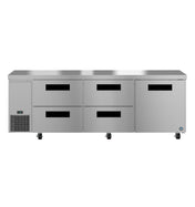 A large Hoshizaki Steelheart stainless steel refrigerator features four pull-out drawers on the left and two swing doors on the right, all with black rectangular handles, set on caster wheels against a white background.