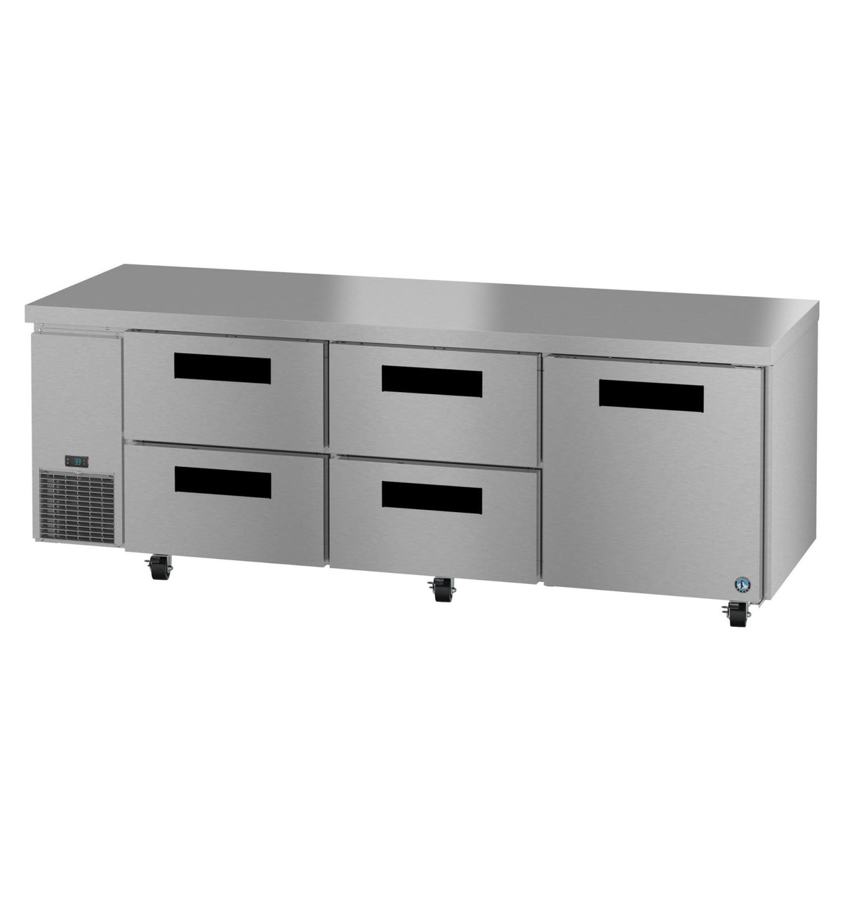 A large Hoshizaki Steelheart stainless steel undercounter refrigerator with three drawers on the left, each with black handles, and two doors on the right. The unit features a bottom-left ventilation grate and sits on small caster wheels.