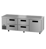 A large Hoshizaki Steelheart stainless steel undercounter refrigerator with three drawers on the left, each with black handles, and two doors on the right. The unit features a bottom-left ventilation grate and sits on small caster wheels.