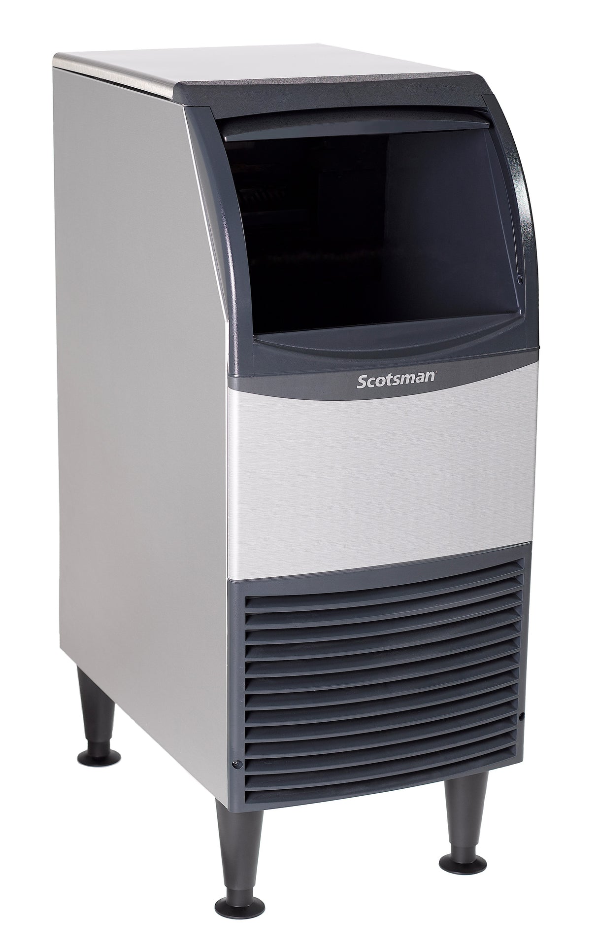 A stainless steel Scotsman undercounter ice maker with a black front hatch, four sturdy legs, and horizontal vent slats below the branded nameplate; this commercial ice equipment is photographed against a white background.