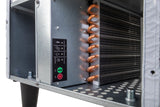 Close-up of the inside of an industrial refrigeration unit, showing copper coils, a metal case, and a control panel with power and reset buttons. The ADA compliant control panel features indicator lights and safety symbols for ease of use.