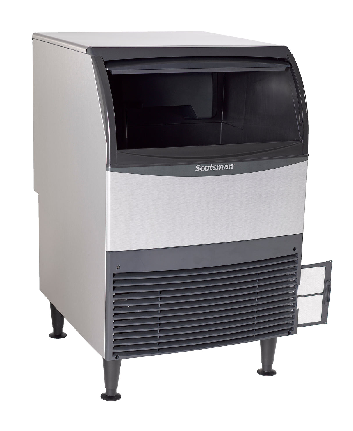 A stainless steel Scotsman undercounter ice maker with a black front panel, open ice bin for fresh nugget ice, and a lower vented grill. The machine stands on four legs, with a small access door open on the right side near the base.