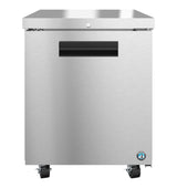 A stainless steel commercial undercounter refrigerator with a solid door, black horizontal handle, casters for mobility, and a small logo in the lower right corner. The surface is shiny and smooth, giving it a modern, industrial appearance.