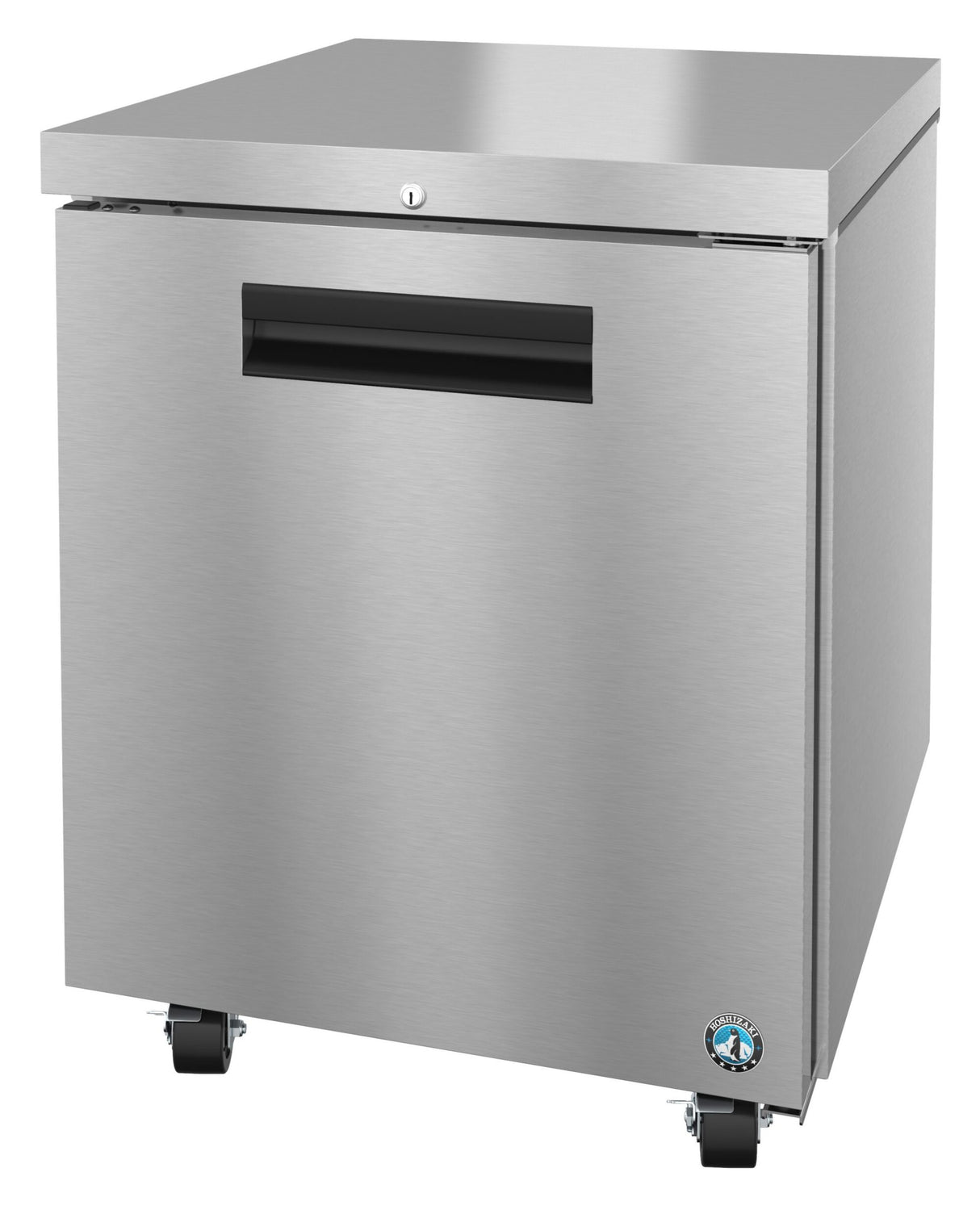 A stainless steel undercounter refrigerator with a flat top, single front door featuring a horizontal black handle slot, lock, and four caster wheels. ENERGY STAR certified, this unit displays a logo near the bottom right corner.