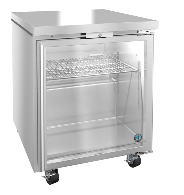 A stainless steel glass door refrigerator with a wire shelf and four wheels for mobility. The door is slightly ajar, revealing an empty interior. A round blue and white ENERGY STAR certification sticker sits on the bottom right corner of the door.