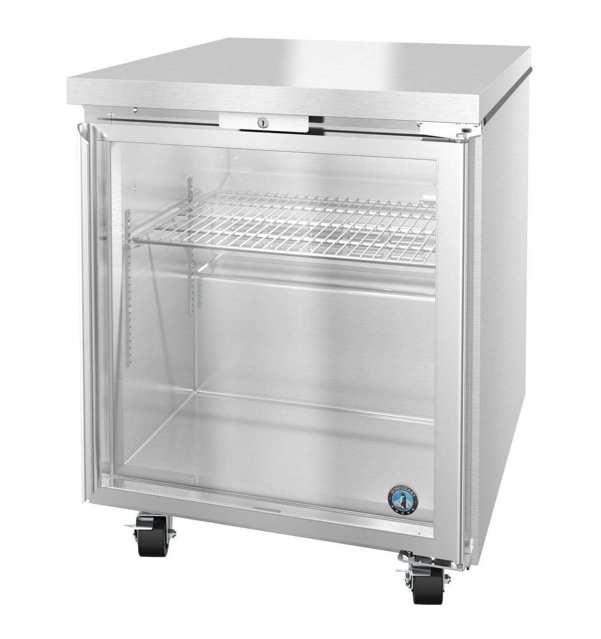 A modern, stainless steel glass door refrigerator with a transparent front, wire shelf, and four black caster wheels for easy mobility. This undercounter refrigerator features a lock on the top edge, combining style and secure storage.