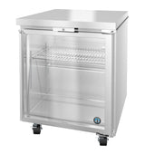 A modern, stainless steel glass door refrigerator with a transparent front, wire shelf, and four black caster wheels for easy mobility. This undercounter refrigerator features a lock on the top edge, combining style and secure storage.