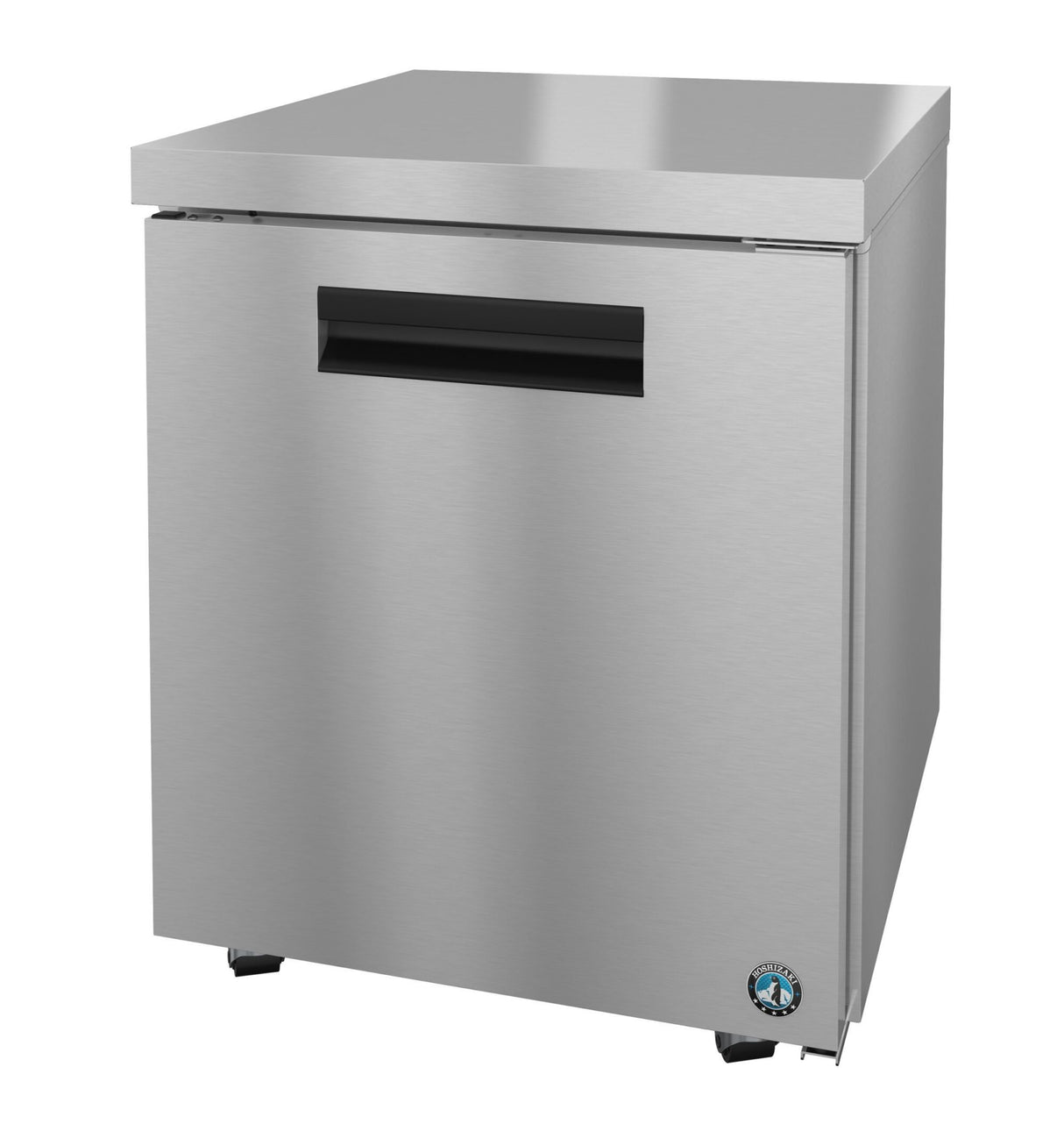 A stainless steel refrigerator with a flat top, black recessed handle, and small blue logo on the bottom right corner. This ENERGY STAR unit, standing on caster wheels, offers a sleek, modern design perfect for commercial kitchens.