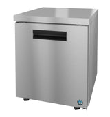 A stainless steel refrigerator with a flat top, black recessed handle, and small blue logo on the bottom right corner. This ENERGY STAR unit, standing on caster wheels, offers a sleek, modern design perfect for commercial kitchens.