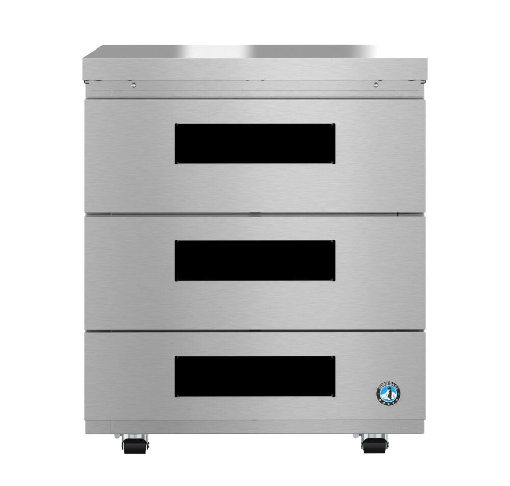 A stainless steel Hoshizaki undercounter refrigerator drawer unit with three horizontal drawers, each featuring a black rectangular handle. The sleek, reflective unit stands on small wheels and displays a certification logo in the bottom right corner.