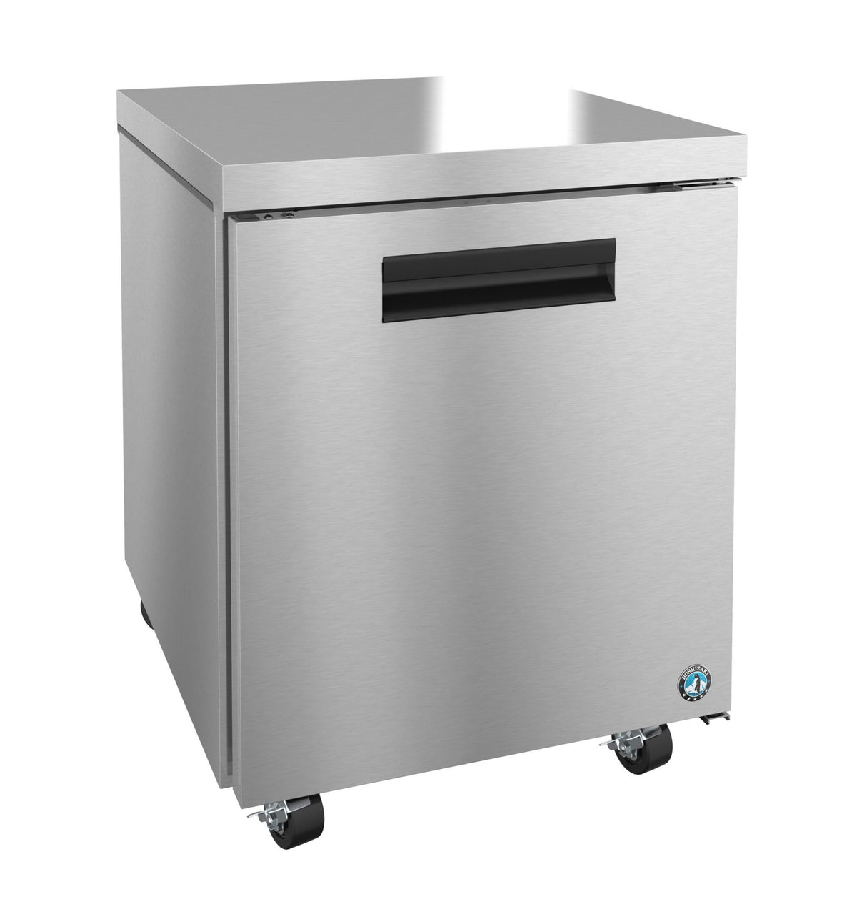 A Hoshizaki undercounter refrigerator with a single solid front door, black handle, and compact square shape sits on four caster wheels. Its smooth stainless steel surface gleams, accented by a small blue certification sticker in the lower right corner.