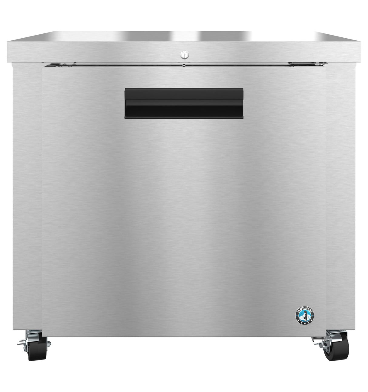 A stainless steel undercounter refrigerator or freezer unit with a flat top, black handle, small lock above the handle, and four caster wheels. The brushed metal finish is complemented by a round blue manufacturer logo on the bottom right corner.