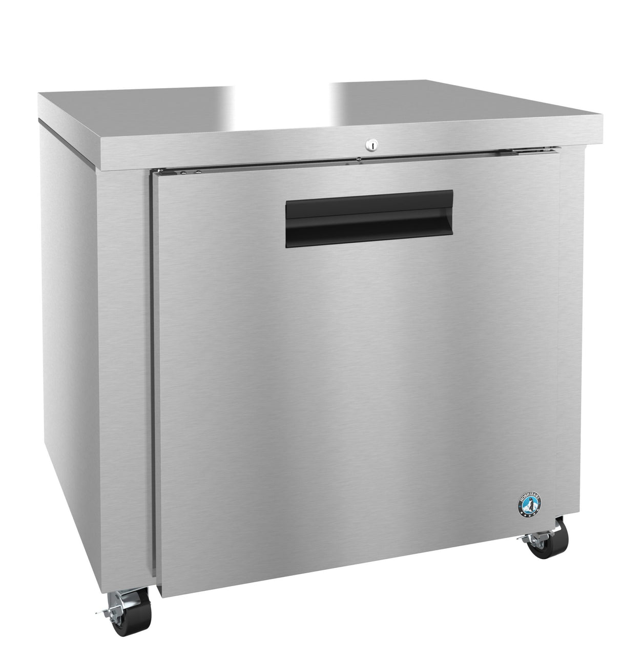 A stainless steel Energy Star undercounter refrigerator with a single front door, black recessed handle, lock, flat top, and four caster wheels for mobility. The brushed metal finish features a small blue logo on the lower right corner.