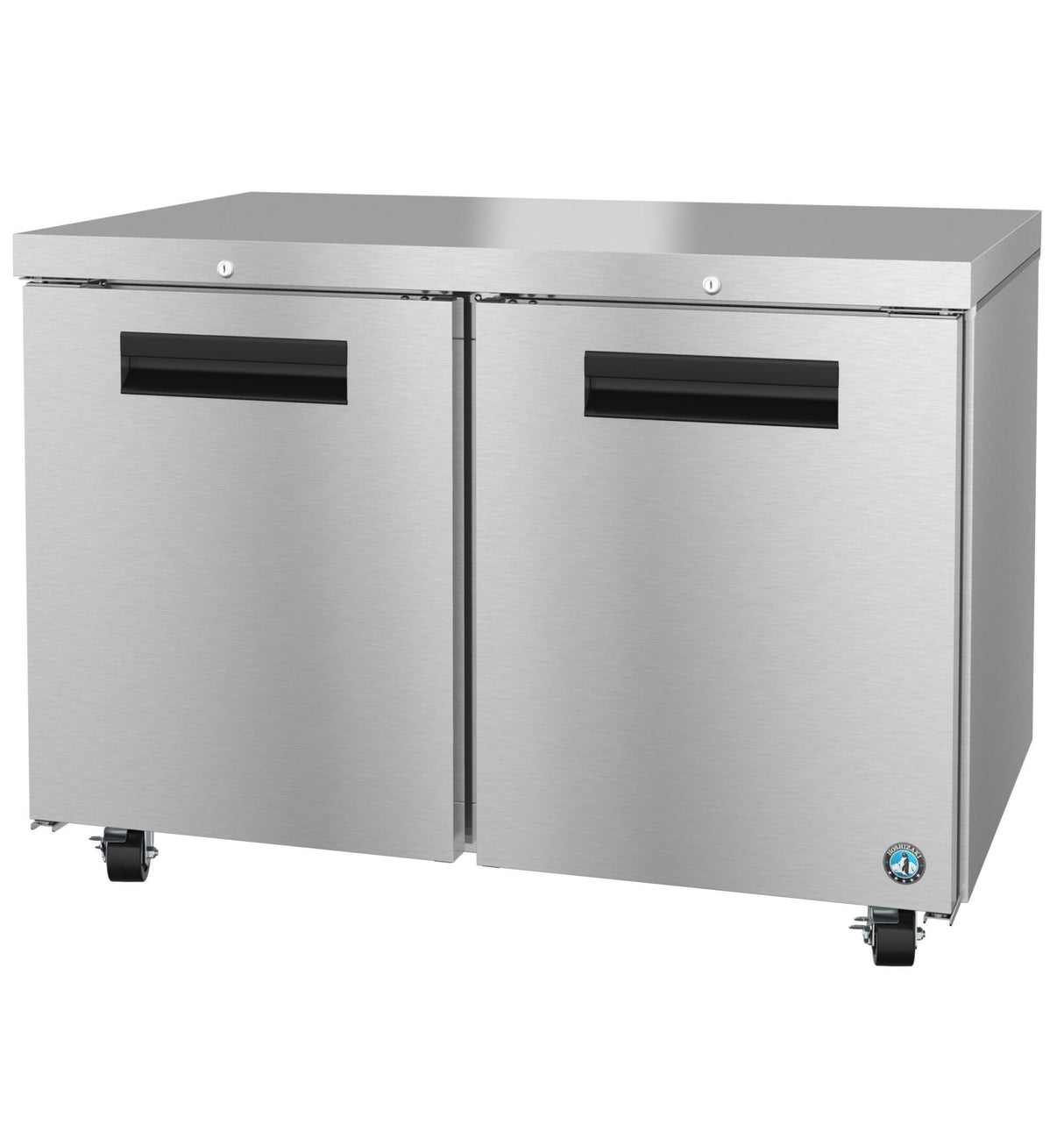 A Hoshizaki Steelheart Series stainless steel undercounter refrigerator features two doors with black horizontal handles and four wheels for mobility. Its smooth, reflective surface includes a blue and white certification sticker on the bottom right corner.