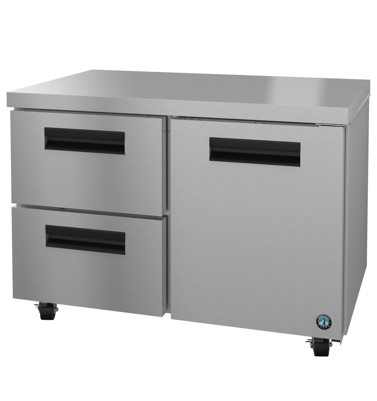 A Hoshizaki undercounter refrigerator with two stainless steel drawers on the left and a single door on the right, all with black handles. The unit features casters and a temperature gauge near the bottom right corner.