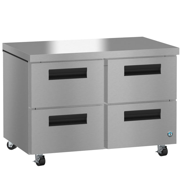 A stainless steel Hoshizaki commercial kitchen cabinet with four large drawers, black handles, and mounted on four wheels for mobility. The flat, reflective surface is ideal for food prep or storage in a professional kitchen setting.
