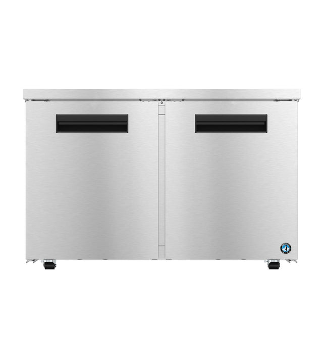 The Hoshizaki UR48B-LP is an ENERGY STAR undercounter low profile refrigerator featuring two black-handled doors, sleek flat front, small wheels for mobility, and a blue manufacturer logo on the bottom right corner for an industrial look.