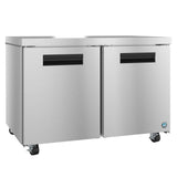 A Hoshizaki Steelheart Series commercial undercounter refrigerator with two doors, black horizontal handles, and four caster wheels. The smooth, reflective stainless steel surface is ideal for industrial kitchens, with the manufacturer's logo in the bottom right corner.