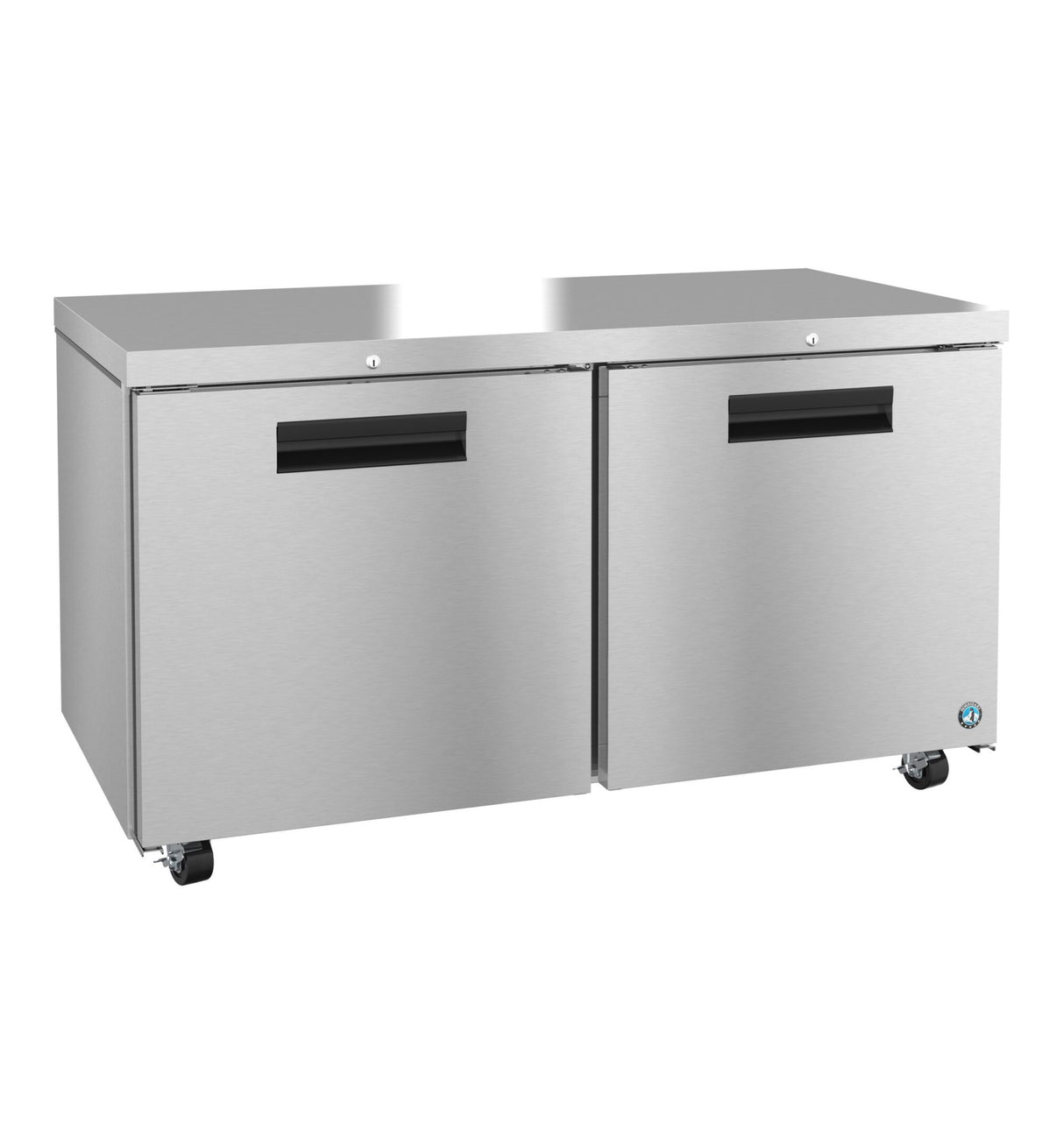 A Hoshizaki stainless steel undercounter refrigerator with two solid doors, black handles, and four caster wheels. The smooth, flat top and compact rectangular design make it ideal for kitchen or restaurant use.
