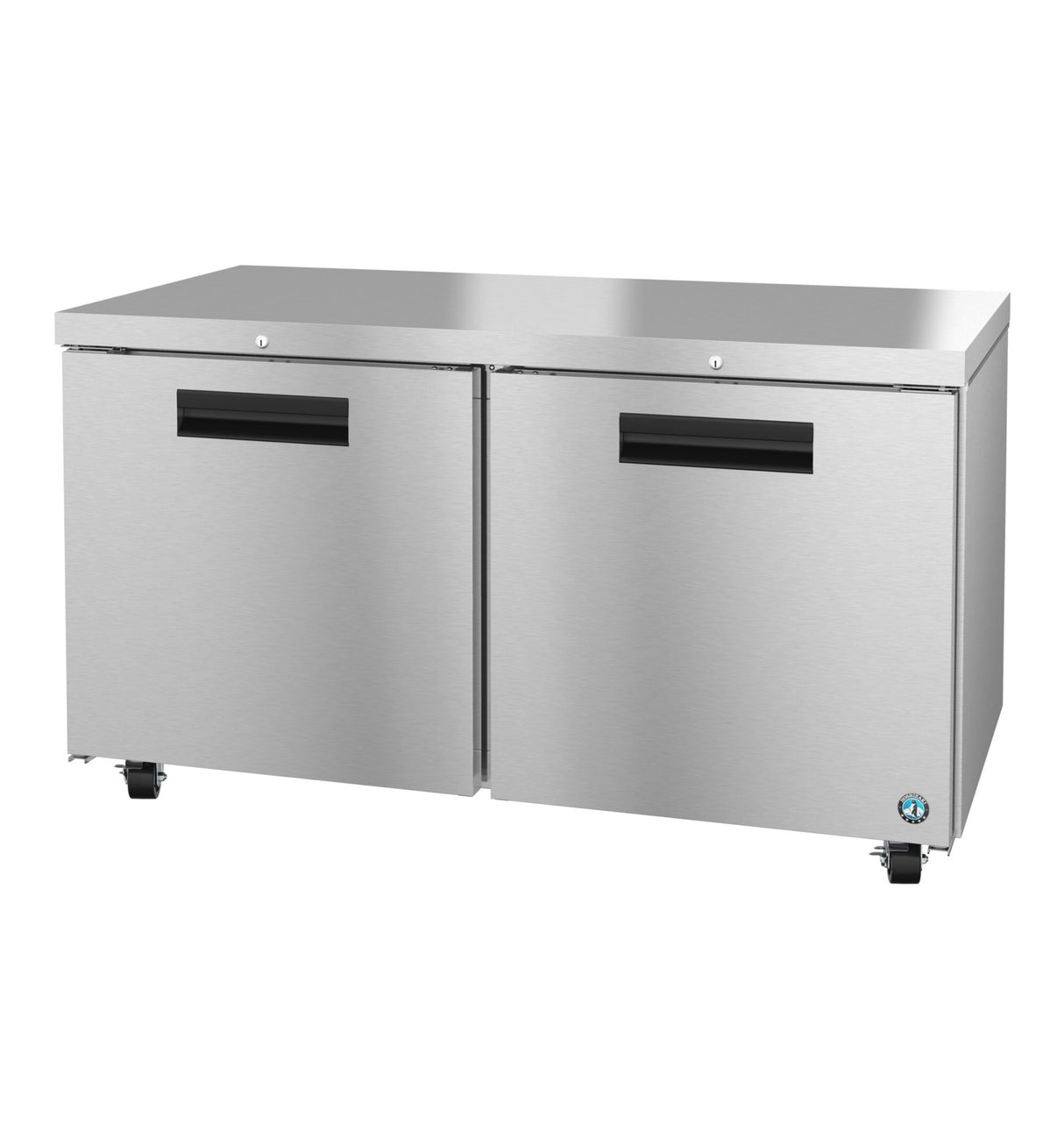 A Hoshizaki stainless steel undercounter refrigerator with two doors, black handles, and four caster wheels. The smooth, reflective surface features a flat countertop top and a small blue sticker on the bottom right corner.