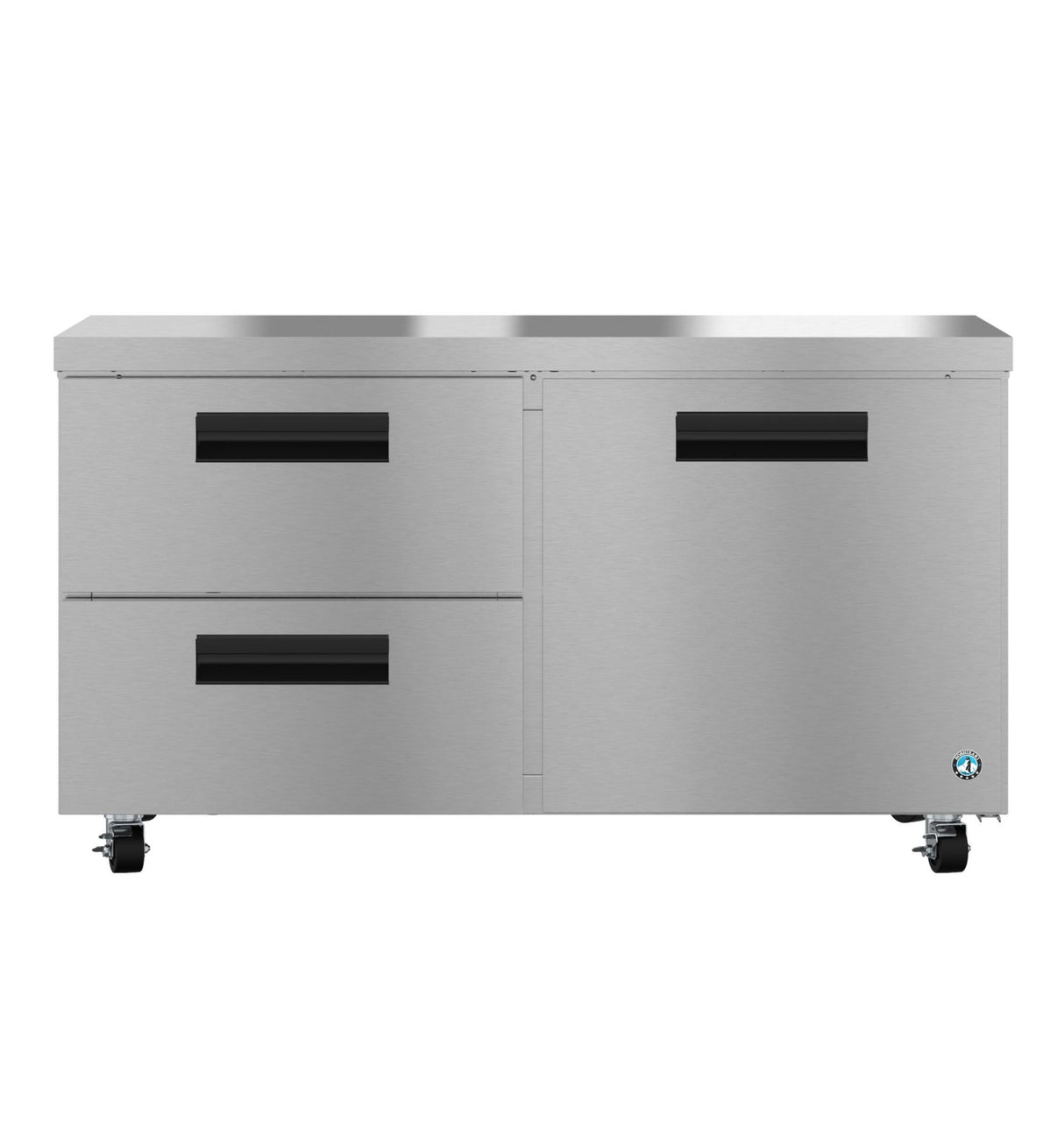 A Hoshizaki stainless steel undercounter refrigerator with two large drawers on the left, a double-door compartment on the right, black horizontal handles, and four wheels. The flat, smooth surface is ideal for kitchen or industrial environments.