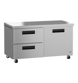 A Hoshizaki stainless steel commercial kitchen worktable on wheels, featuring two pull-out drawers on the left and a single-door cabinet on the right. The smooth, flat top is perfect for food prep or as an undercounter refrigerator workspace.