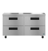 A stainless steel Hoshizaki undercounter refrigerator, featuring four drawers with horizontal black handles on caster wheels. The flat, smooth surface is ideal for commercial kitchen use, with a small circular brand logo in the bottom right corner.