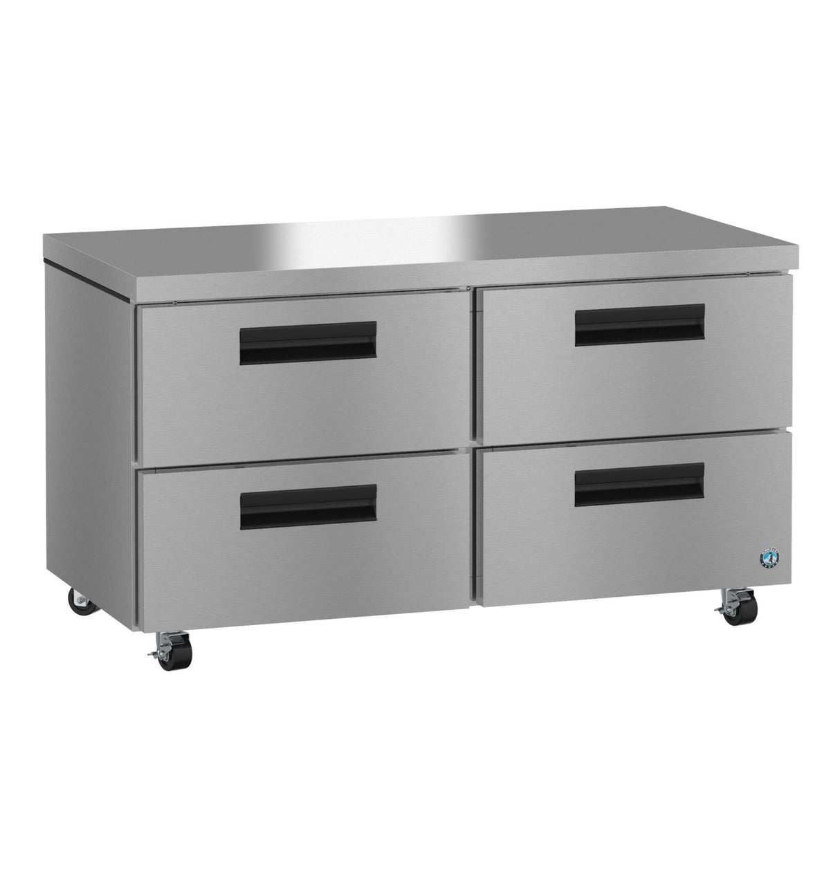 A Hoshizaki stainless steel undercounter refrigerator with four drawers and black handles features a sleek, modern look. Mounted on caster wheels, it displays a small blue and white logo in the bottom right corner.