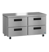 A Hoshizaki stainless steel undercounter refrigerator with four drawers and black handles features a sleek, modern look. Mounted on caster wheels, it displays a small blue and white logo in the bottom right corner.