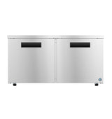 A sleek, modern Hoshizaki undercounter low profile refrigerator with two front doors and ADA compliant black recessed handles. Stainless steel finish, a small blue and white logo in the bottom right corner, standing on four short legs against a plain white background.