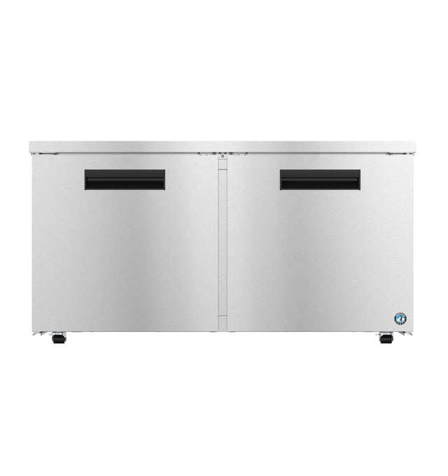 A sleek, modern Hoshizaki undercounter low profile refrigerator with two front doors and ADA compliant black recessed handles. Stainless steel finish, a small blue and white logo in the bottom right corner, standing on four short legs against a plain white background.